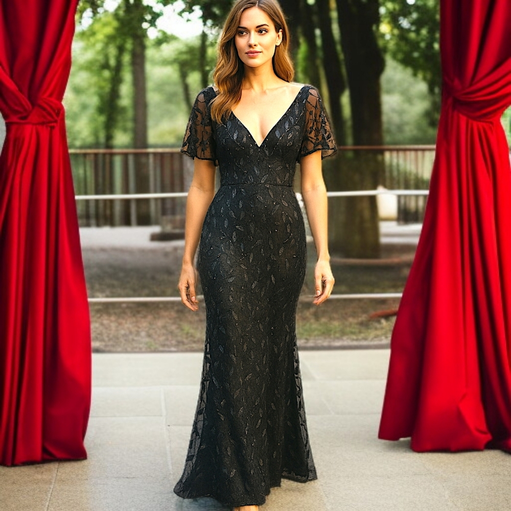 Ever Pretty Sequin Leaf Mesh Dress Sz S Gown Mermaid Witchy Romantic Ethereal
